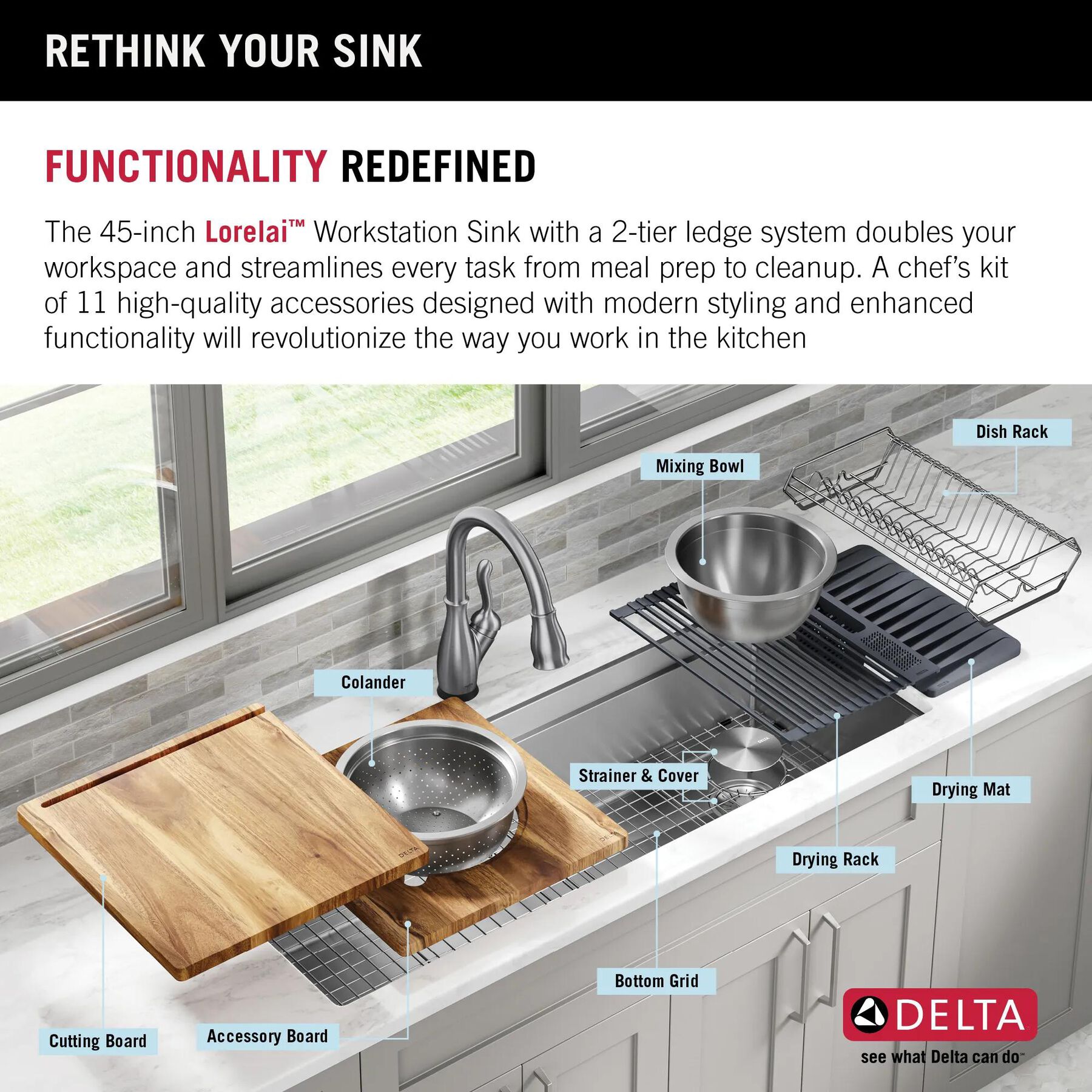 45&rdquo; Workstation Undermount Single Bowl 16 Gauge Stainless Steel Kitchen Sink with 2-Tier&nbsp;WorkFlow&trade; Ledge and Accessories